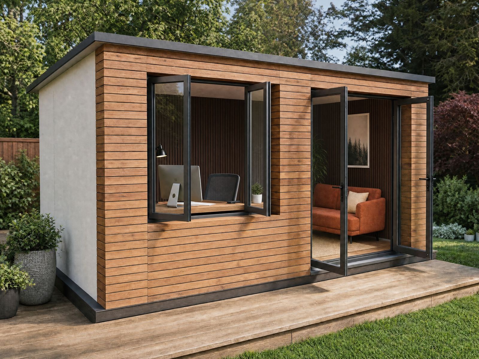 A 15 square metre AirRooms garden room in Cedar Wood.