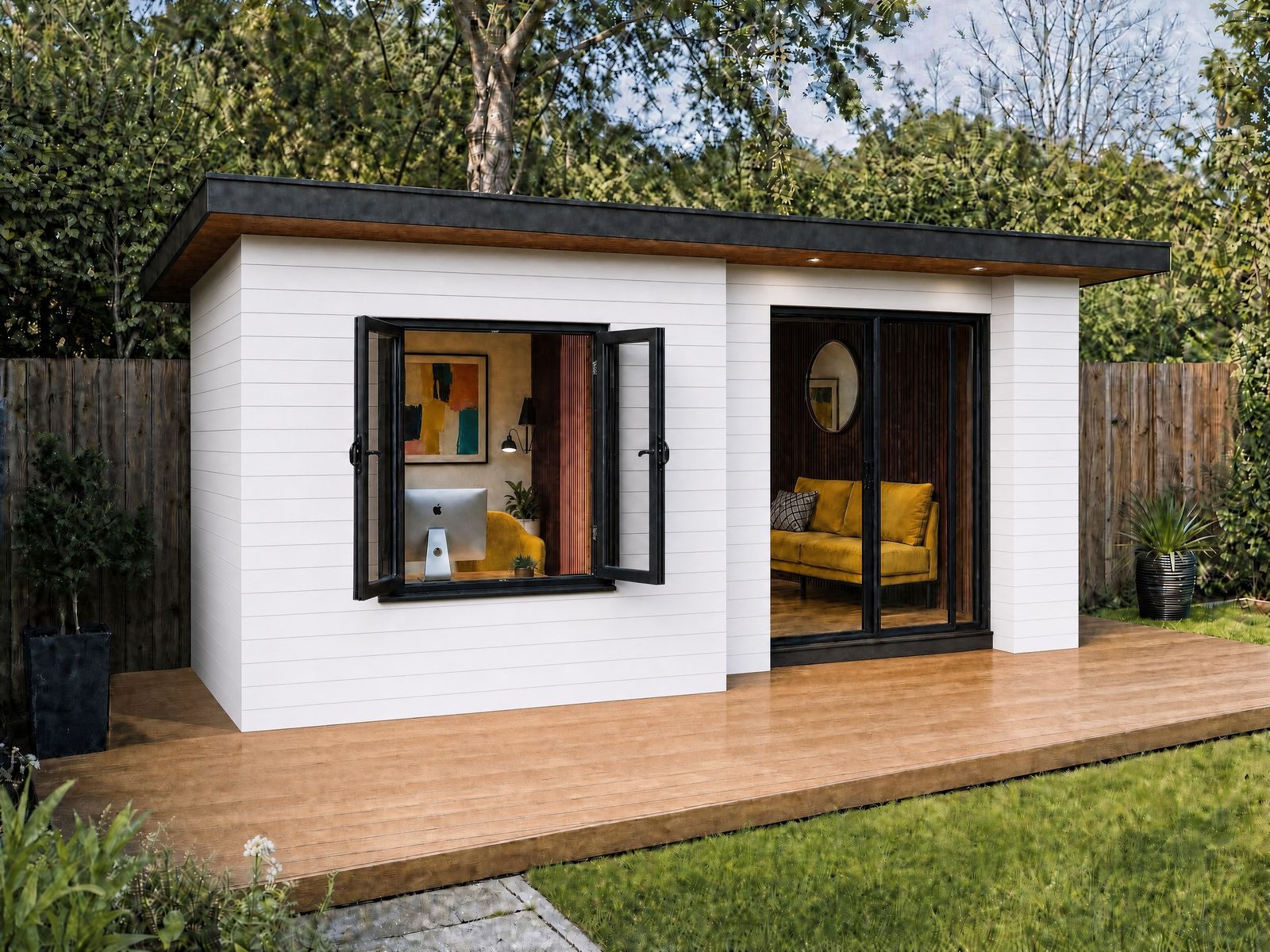 The White: a crisp, bright timber garden room design, 20 square metres.