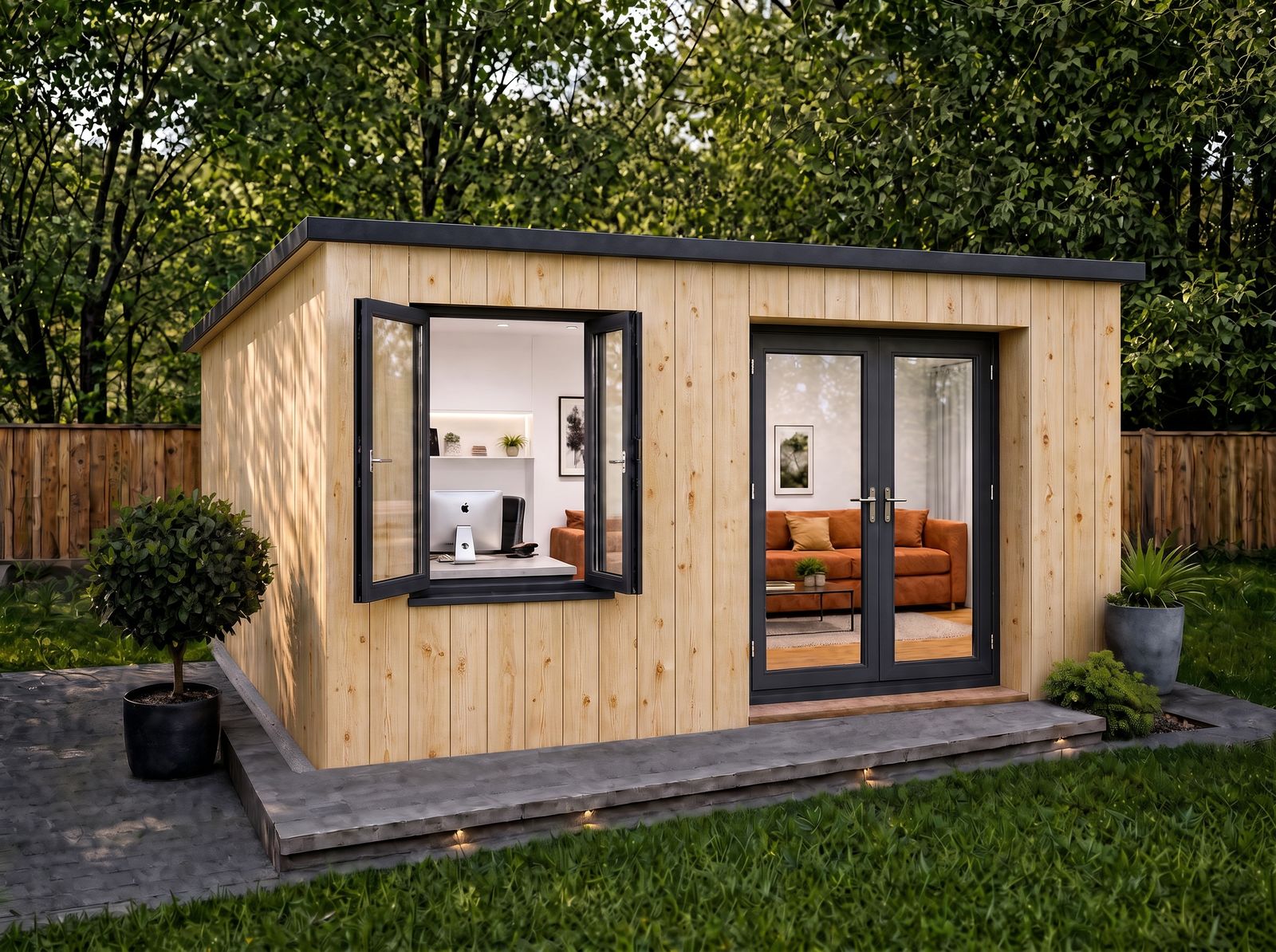 A 23 square metre AirRooms garden room in Varnished Pine.