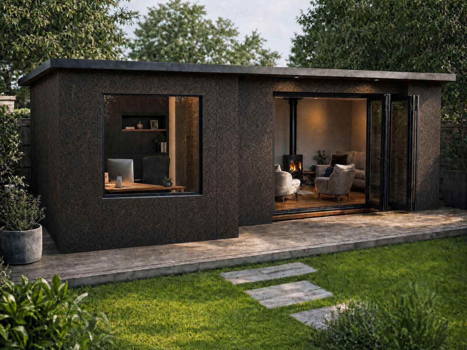 A 30 square metre AirRooms garden room in Painted Black OSB.