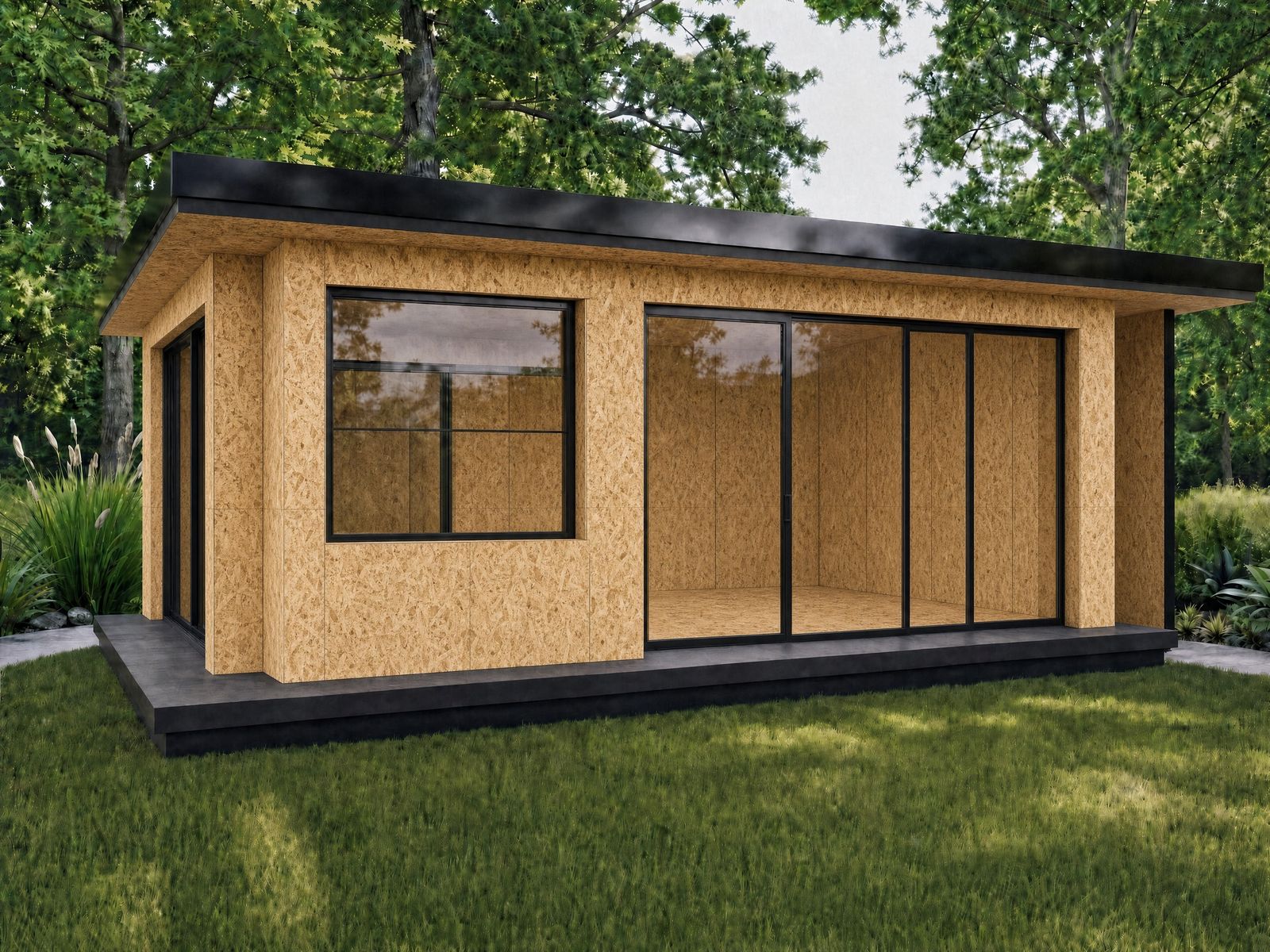 A 35 square metre AirRooms garden room in Untreated OSB.