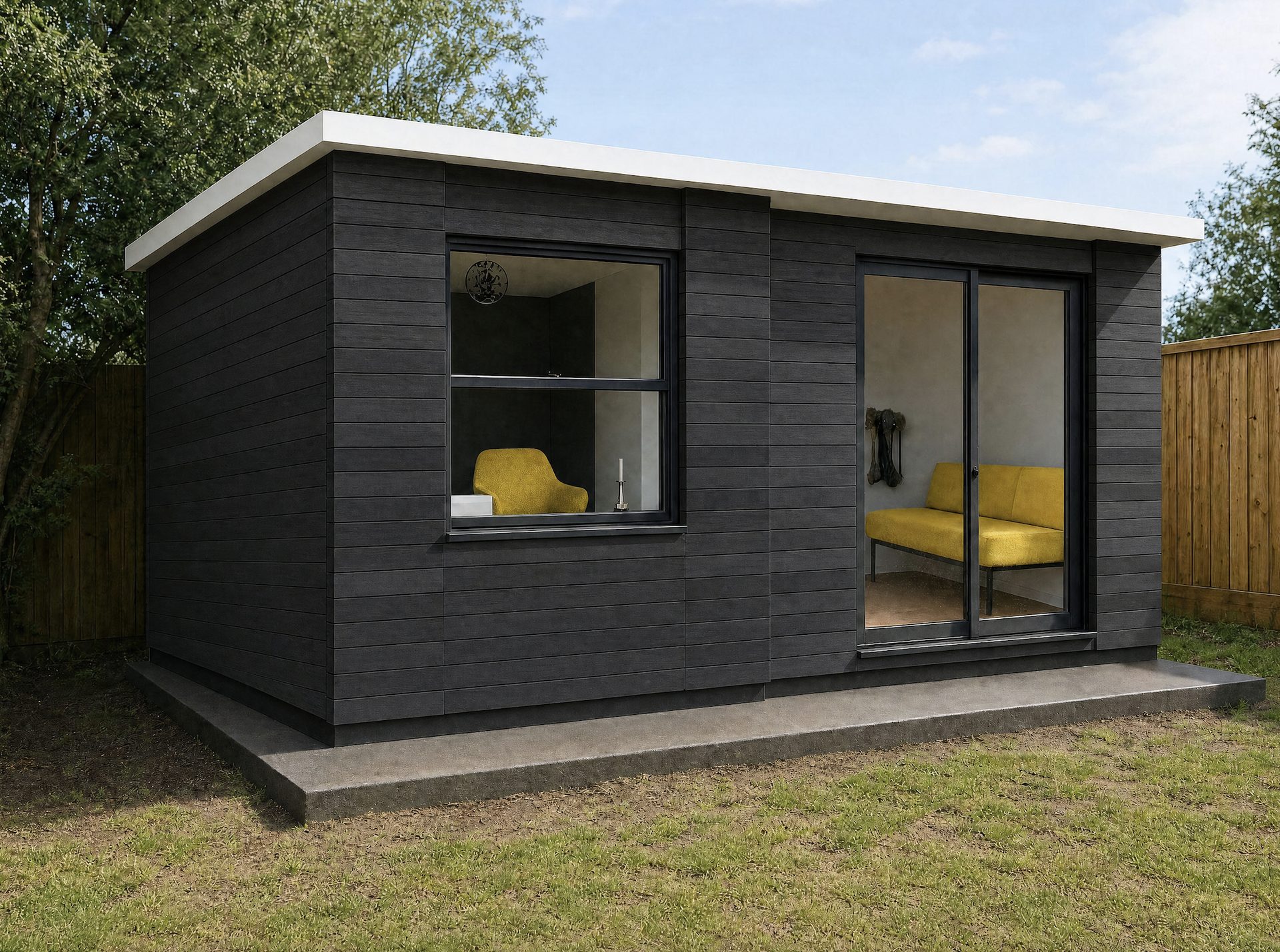 The Black: a charcoal-stained timber garden room design, 20 square metres.