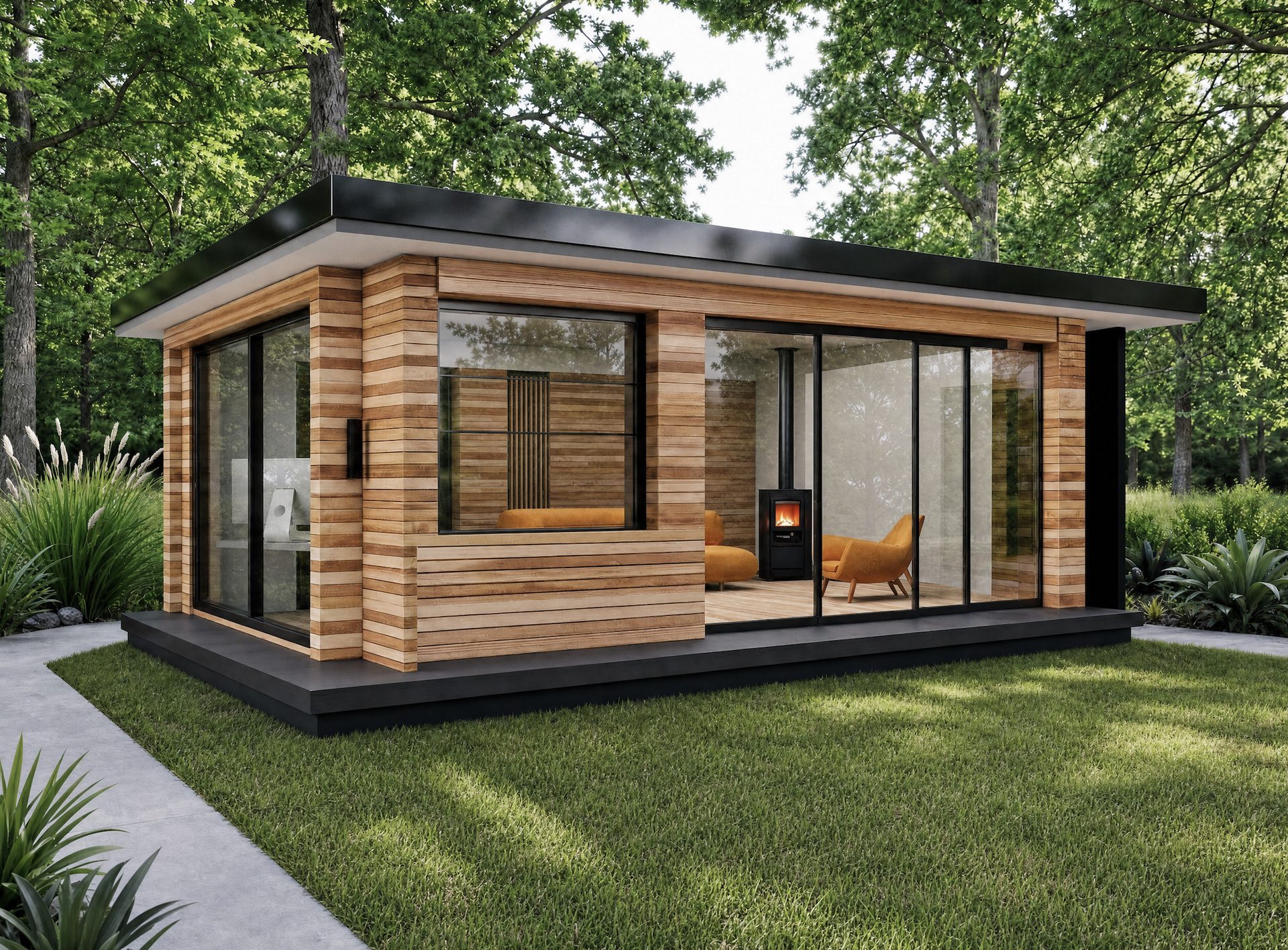 A modern timber-clad garden room with a wood-burning stove and large glass sliding doors, set in a green garden.
